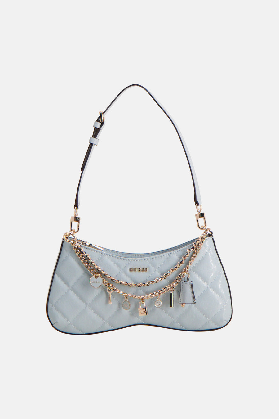 Blauwe schoudertas van Guess met gouden ketting en bedels.
