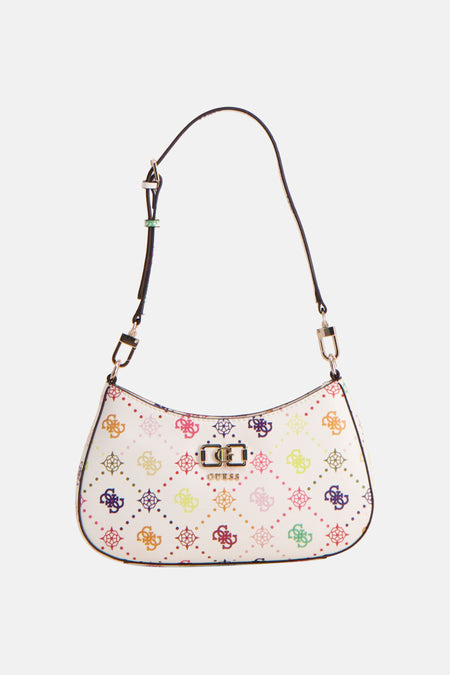 Sac à bandoulière multicolore Guess, avec un logo intégral et une bordure noire.