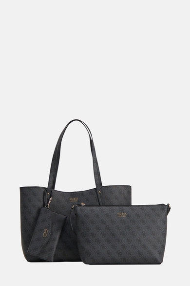 Sac à dos noir de Guess avec imprimé monogramme et pochette et étui coordonnés.