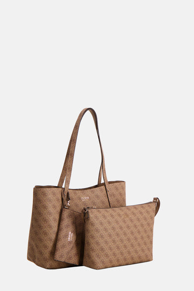 Sac à dos brun de Guess avec un imprimé logo sur toute la surface et un étui coordonné.