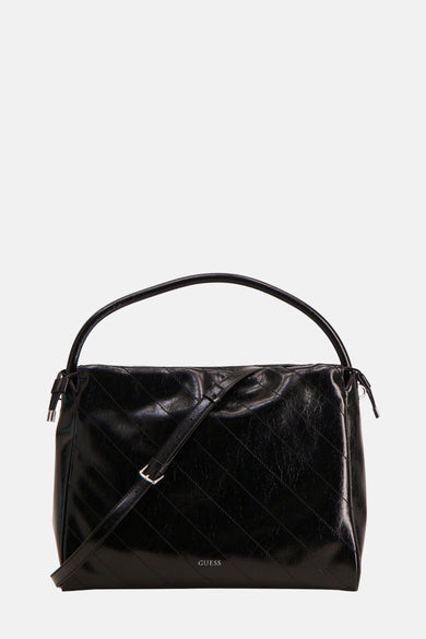 Sac à dos noir de Guess, avec un motif de lunettes intégré et une sangle d'épaule ajustable.