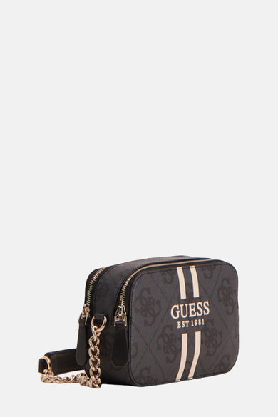 Zwarte schoudertas van Guess met logo-opdruk en goudkleurige details aan de band.