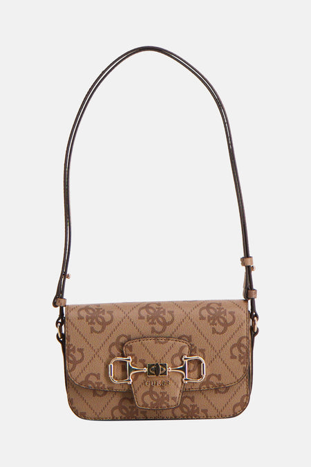 Sac à bandoulière marron Guess, avec un motif monogramme marron et une longue bandoulière noire.