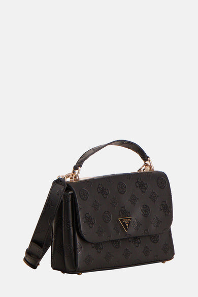 Zwarte schoudertas van Guess met een all-over logo print en een goudkleurig logo.
