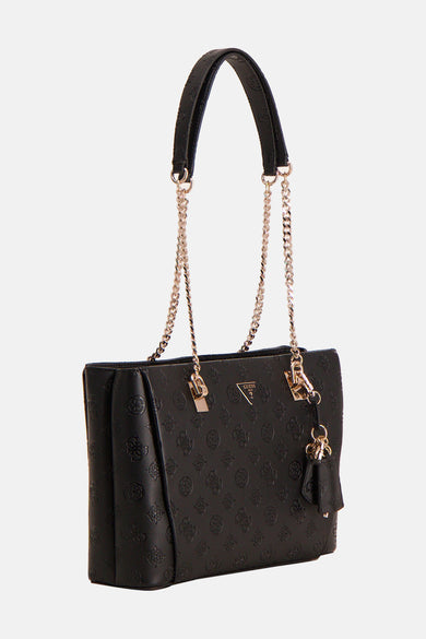Sac à dos noir de Guess avec imprimé logo intégral et détails de chaîne dorée.