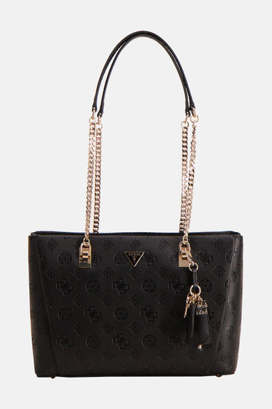 Sac à dos noir de Guess avec impression logo et détails de chaîne argentée.
