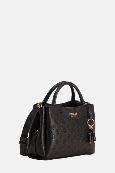 Sac à main noir de Guess, avec un motif monogrammé sur toute la surface et un mousqueton décoratif.