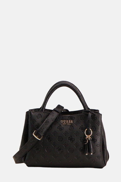 Sac à main noir de Guess, avec imprimé monogramme, une bandoulière amovible et un pompon.