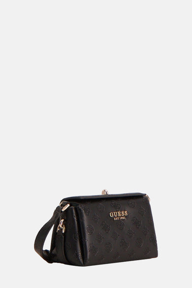 Sac à dos noir de Guess avec des logos en relief et des accents dorés.