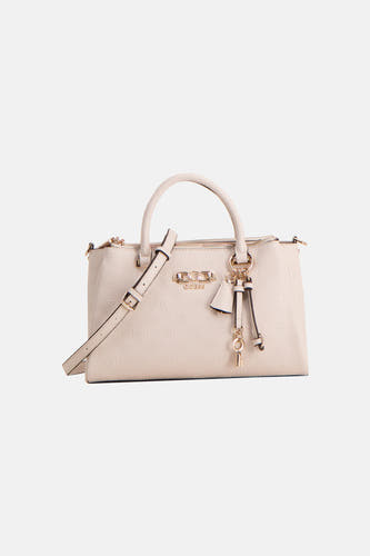 Sac à main beige Guess avec un motif logo subtil et une fermeture éclair à l'arrière.