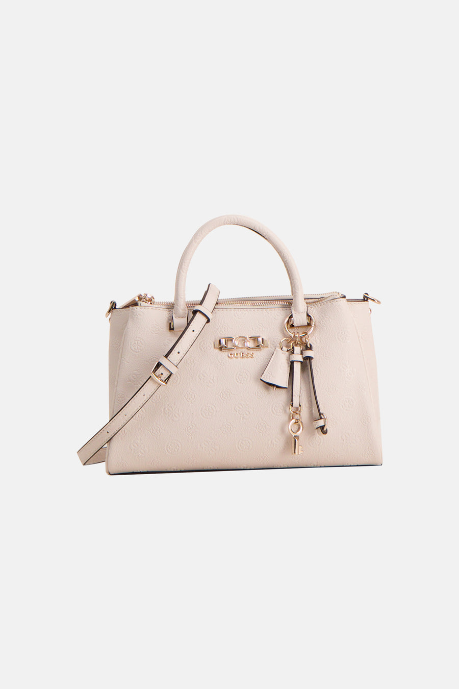 Sac à main beige Guess avec un motif logo subtil et une fermeture éclair à l'arrière.