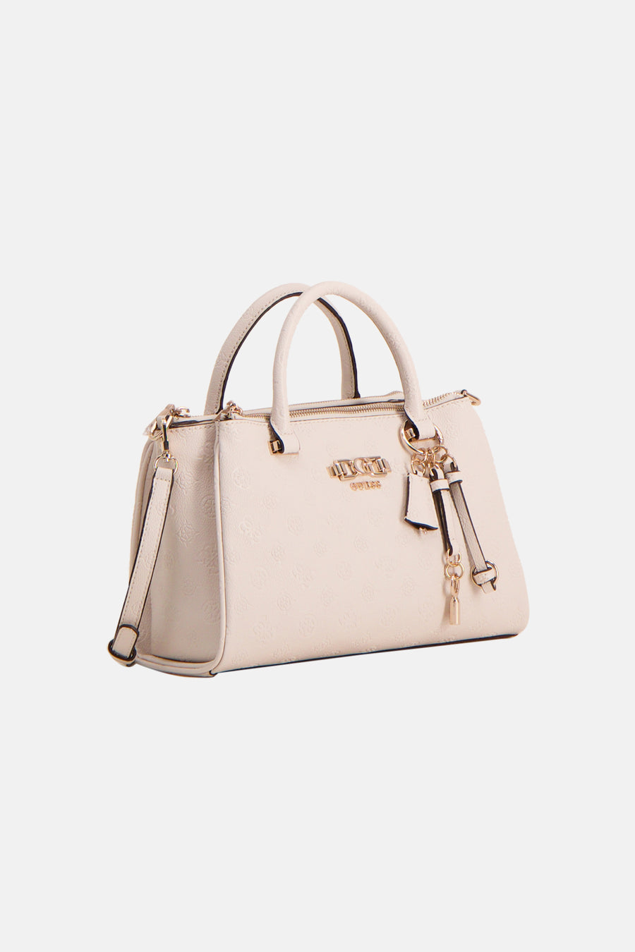 Sac à main beige Guess, avec un motif monogramme et des détails dorés.