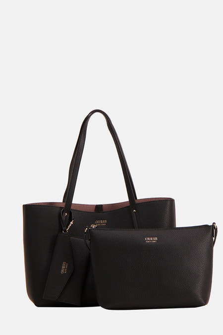 Zwarte schoudertas van Guess met korrelige textuur en extra etui, voorzien van gouden details.
