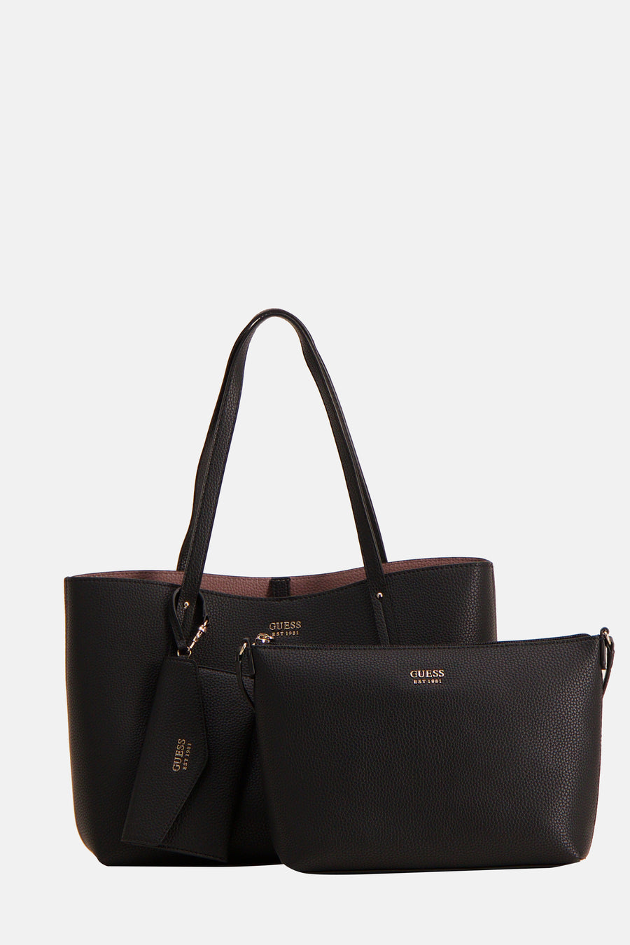 Zwarte Guess handtas set met een tote bag en clutch.