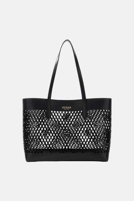 Zwarte schoudertas van Guess®, met een open, geometrisch patroon en merklogo.