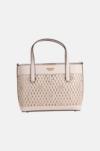 Witte handtas van Guess met een open bewerkt ruitpatroon en sierlijke cirkeldetails.
