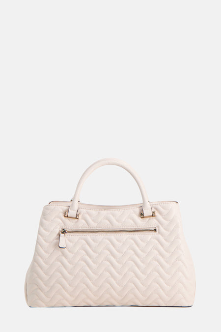 Witte handtas van Guess met een gewatteerd zigzagpatroon en een ritssluiting.