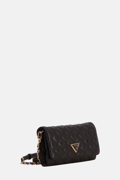 Sac à dos noir de Guess avec un motif de lunettes imprimé et des détails de chaîne dorée.