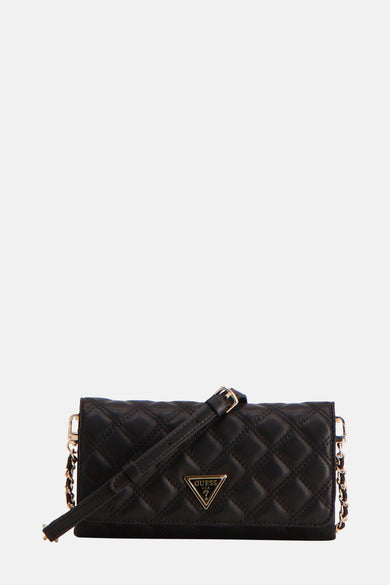 Sac à dos noir de Guess avec un motif de lunettes gravé et des détails de chaîne en or.