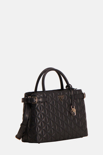 Sac à main noir de Guess, avec un motif en forme de lunettes et des détails dorés, y compris une bandoulière et des boucles.