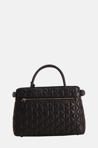 Sac à main noir de Guess, avec un motif de lunettes effiloché et une fermeture à glissière dorée.