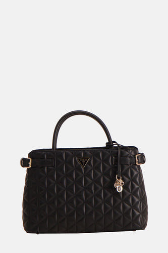 Sac à main noir de Guess, avec un motif de lunettes imprimé et des boucles d'oreilles argentées.