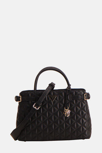 Sac à main noir de Guess avec motif en velours, anses et une bandoulière avec fermeture éclair.