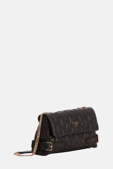 Sac à dos noir de Guess, avec un motif de lunettes effiloché et une fermeture éclair dorée.