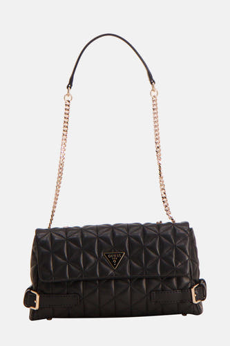 Sac à dos noir de Guess avec un motif de lunettes effiloché, une chaîne dorée et une sangle ajustable.