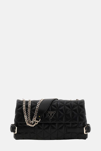 Sac à dos noir de Guess avec chaîne dorée et motif patchwork.