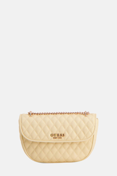 Sac à dos Guess bleu avec motif de miroir brodé et détail de chaîne dorée.