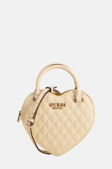 Gele schoudertas van Guess met een hartvormig design en een doorgestikt ruitpatroon.