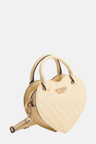 Gele schoudertas van Guess met ruitpatroon en korte handvatten.