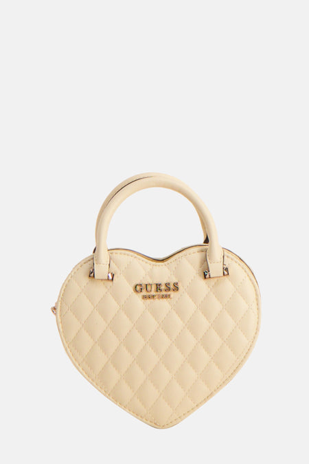 Gele schoudertas van Guess met een doorgestikt ruitpatroon en korte handvatten.
