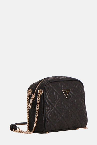 Sac à dos noir de Guess, avec un motif de lunettes imprimé, une chaîne en or et le logo de la marque.