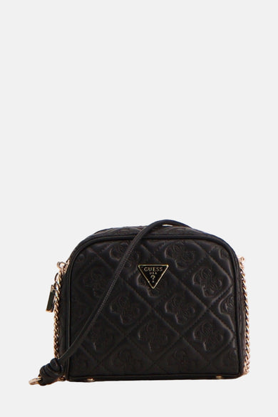 Sac à dos noir de Guess, avec un motif de lunettes imprimé et un détail de chaîne en or.