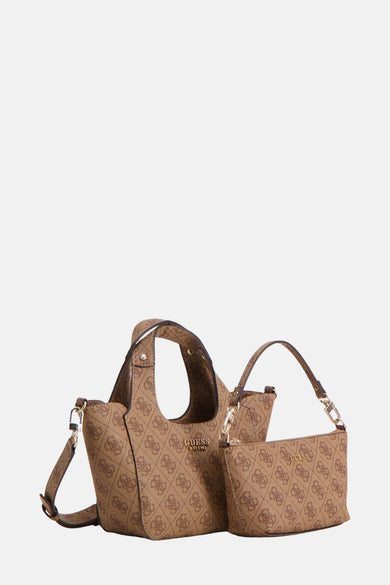 Sac à main marron de Guess avec imprimé logo partout et un sac amovible.