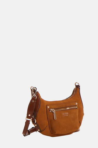 Manteau de épaules Guess marron, avec une texture en suède et un sac extérieur à fermeture éclair.