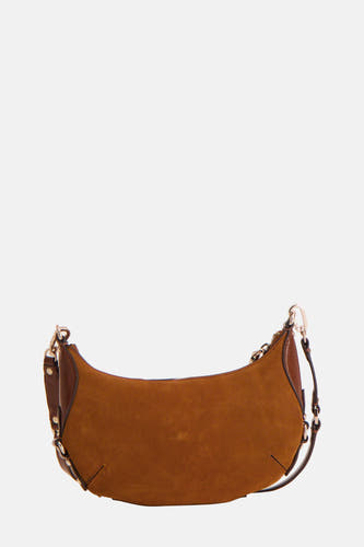Bruine schoudertas van Guess met bruin lederen details en gouden hardware.
