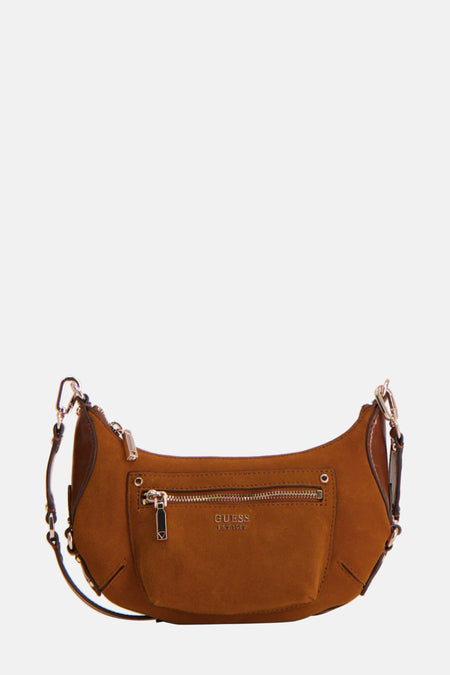 Bruine schoudertas van Guess met ritssluiting en zilverkleurige details.
