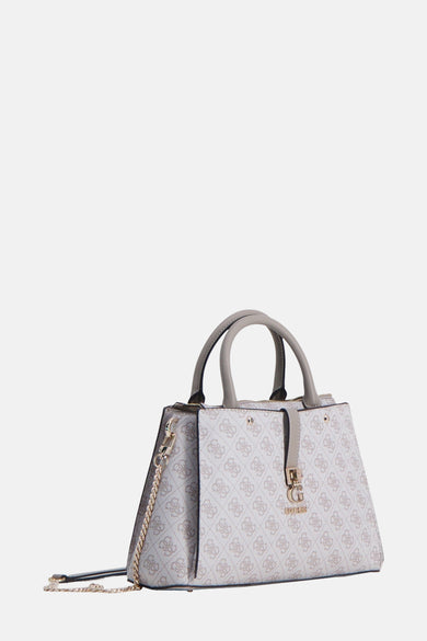 Beige handtas van Guess met monogramprint en een goudkleurige ketting als detail.

