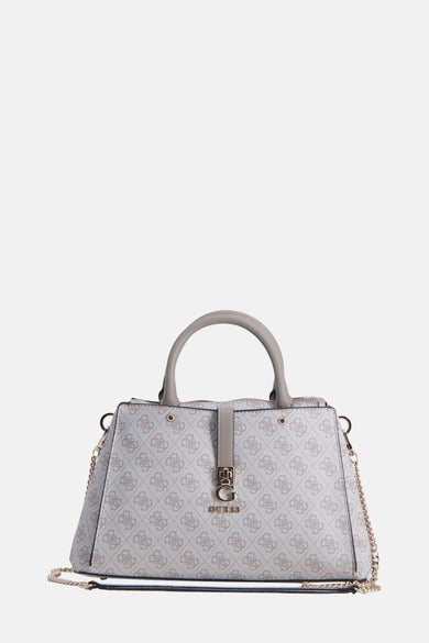 Beige handtas van Guess met monogrampatroon en goudkleurige details.

