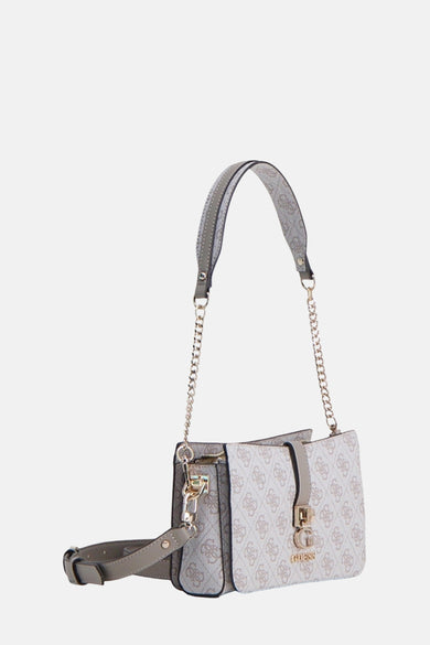 Beige schoudertas van Guess, met een monogramprint en gouden kettingdetail.