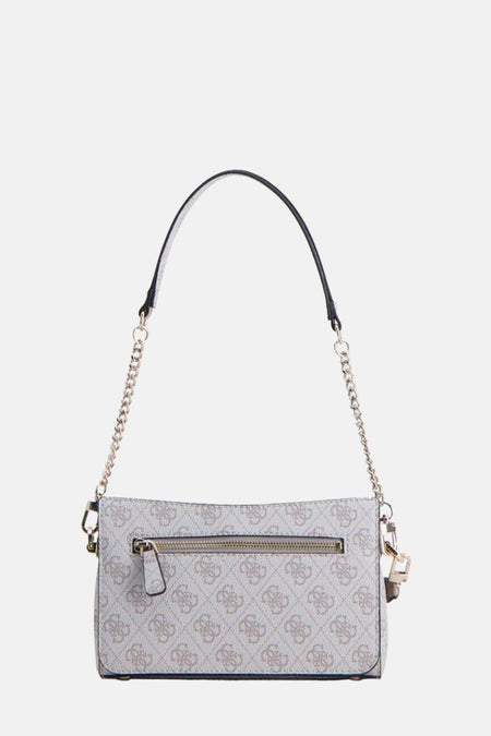 Beige schoudertas van Guess met all-over logo print en zilverkleurige ketting details.
