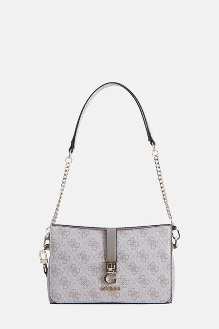 Beige schoudertas van Guess, met een logo-motief en een zilverkleurige schouderketting.
