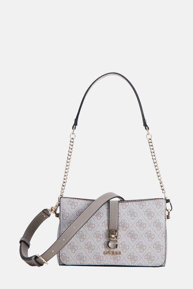 Beige schoudertas van Guess met logo-print en goudkleurige details aan de band.
