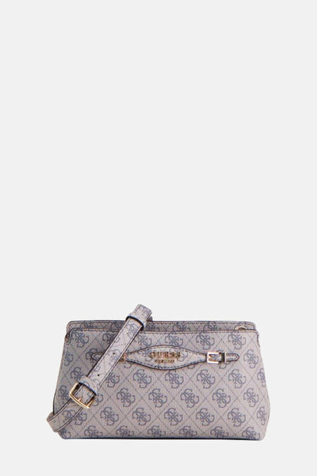 Blauwe schoudertas van Guess met logo print en goudkleurige details.