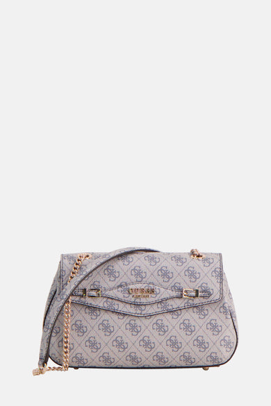 Sac à dos bleu de Guess avec un imprimé total et un détail de chaîne dorée.