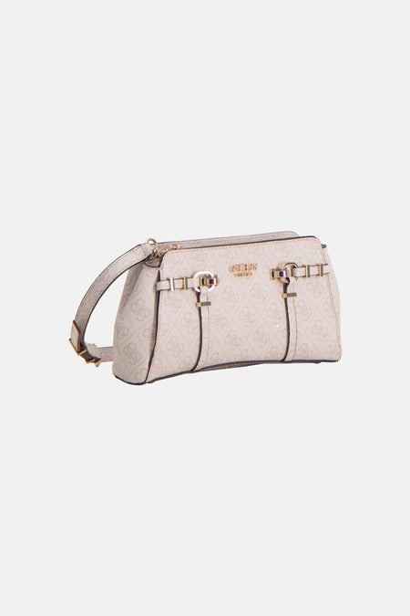 Beige schoudertas van Guess met monogrampatroon, gouden details en schouderriem.