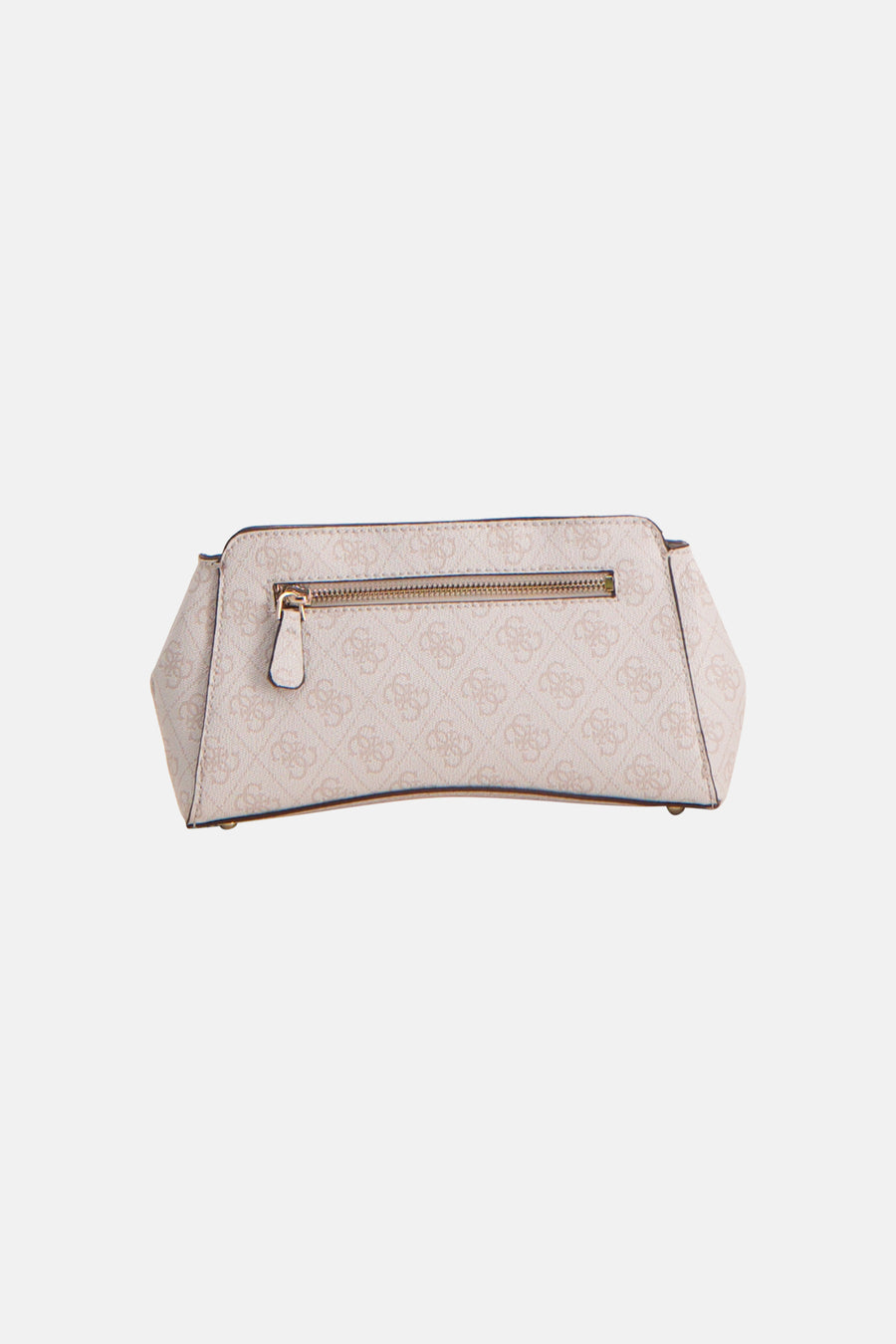 Beige schoudertas van Guess met all-over monogrampatroon en een ritssluiting aan de achterkant, bovenaf gezien.